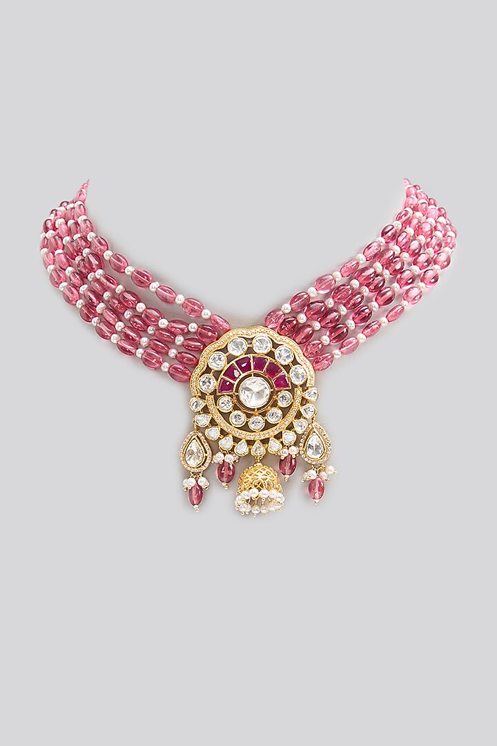 Gold Finish Ruby Stone & Freshwater Pearl Choker Necklace In Sterling Silver by Apoorvajewels at Pernia's Pop Up Shop