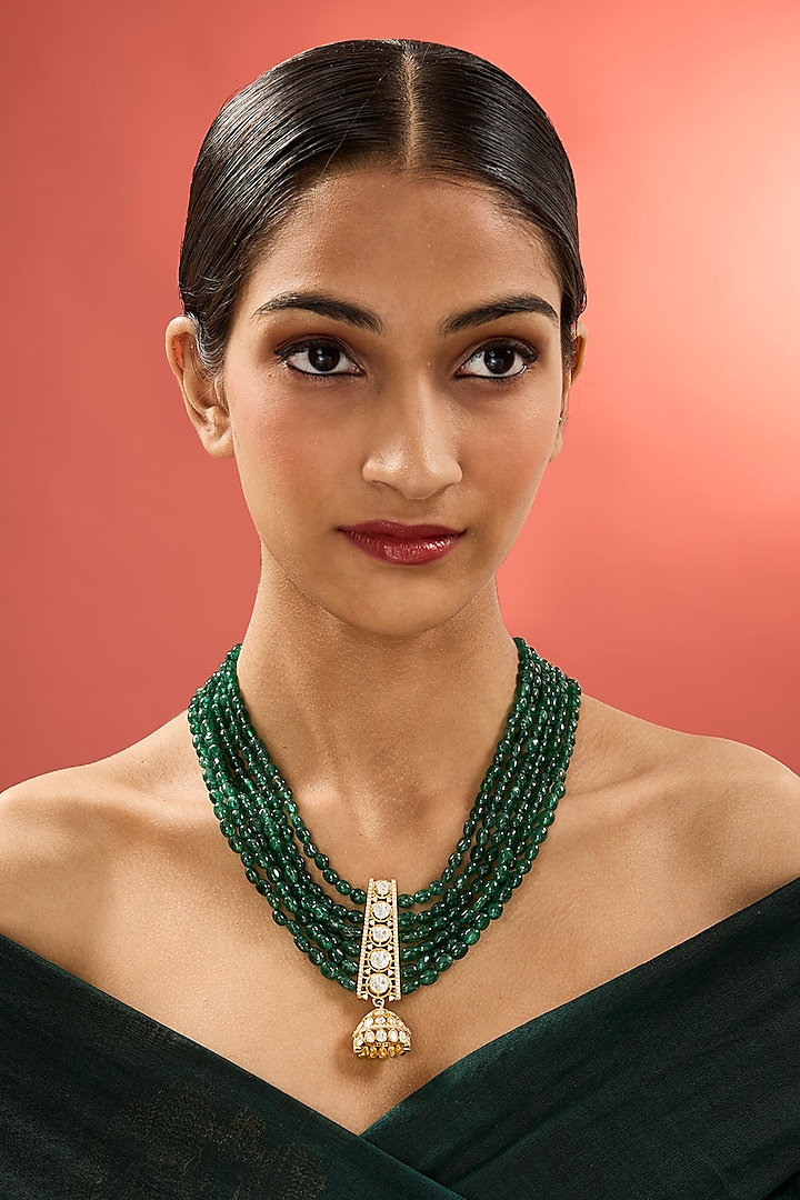 Gold Finish Kundan Polki & Emerald Stone Long Necklace In Sterling Silver by Apoorvajewels at Pernia's Pop Up Shop