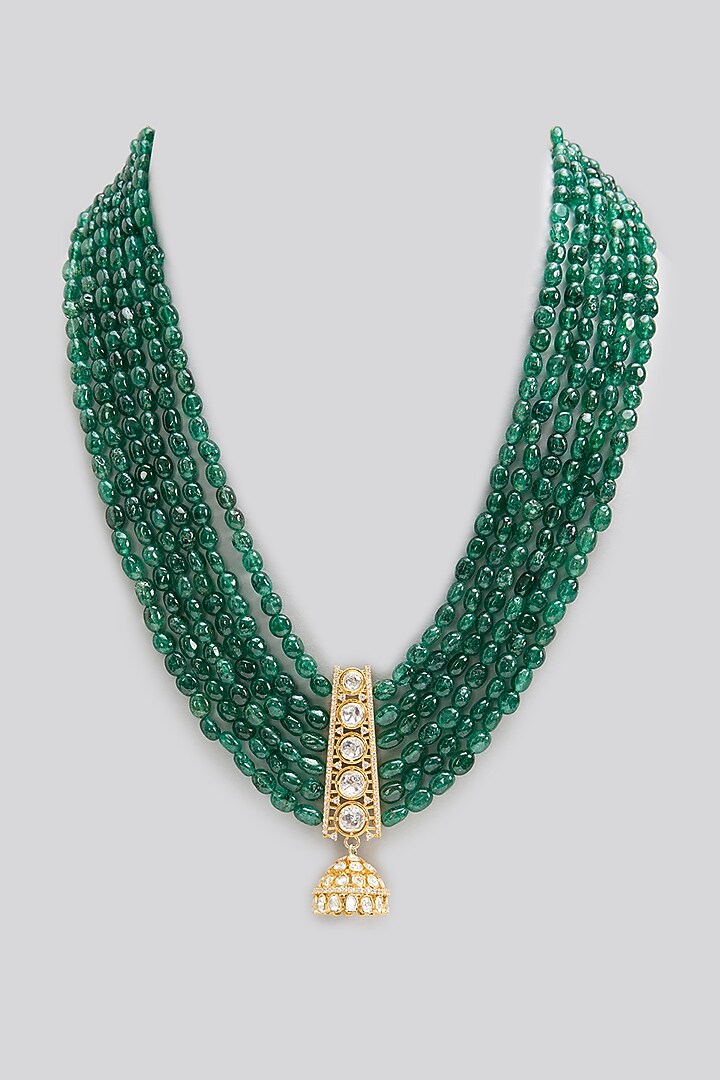 Gold Finish Kundan Polki & Emerald Stone Long Necklace In Sterling Silver by Apoorvajewels at Pernia's Pop Up Shop