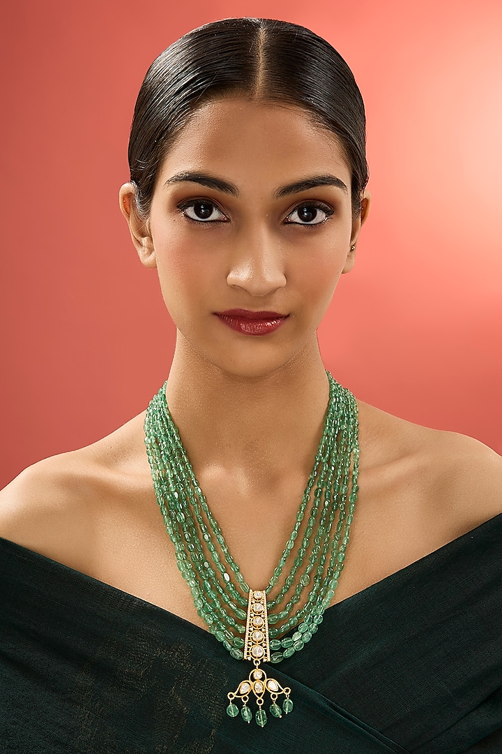 Gold Finish Kundan Polki & Emerald Stone Long Necklace In Sterling Silver by Apoorvajewels at Pernia's Pop Up Shop