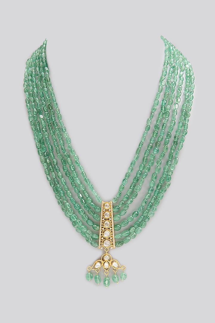 Gold Finish Kundan Polki & Emerald Stone Long Necklace In Sterling Silver by Apoorvajewels at Pernia's Pop Up Shop