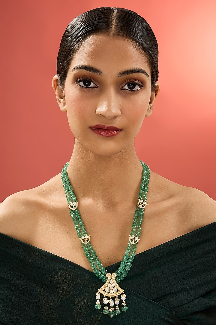 Gold Finish Kundan Polki & Emerald Stone Long Necklace In Sterling Silver by Apoorvajewels at Pernia's Pop Up Shop