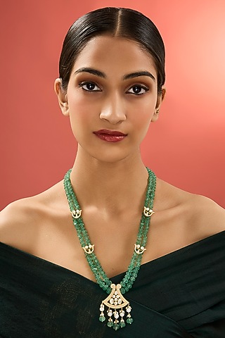 Gold Finish Kundan Polki & Emerald Stone Long Necklace In Sterling Silver by Apoorvajewels