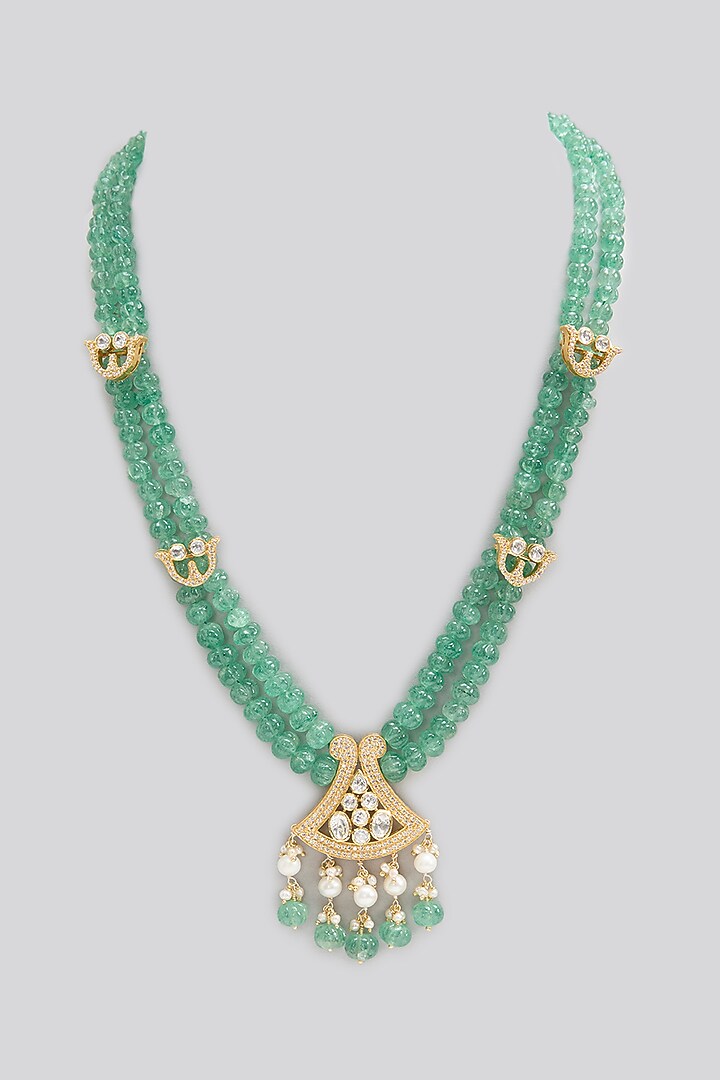 Gold Finish Kundan Polki & Emerald Stone Long Necklace In Sterling Silver by Apoorvajewels at Pernia's Pop Up Shop