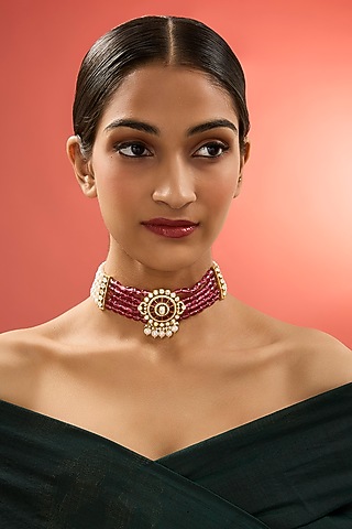 Gold Finish Kundan Polki & Ruby Stone Necklace In Sterling Silver by Apoorvajewels