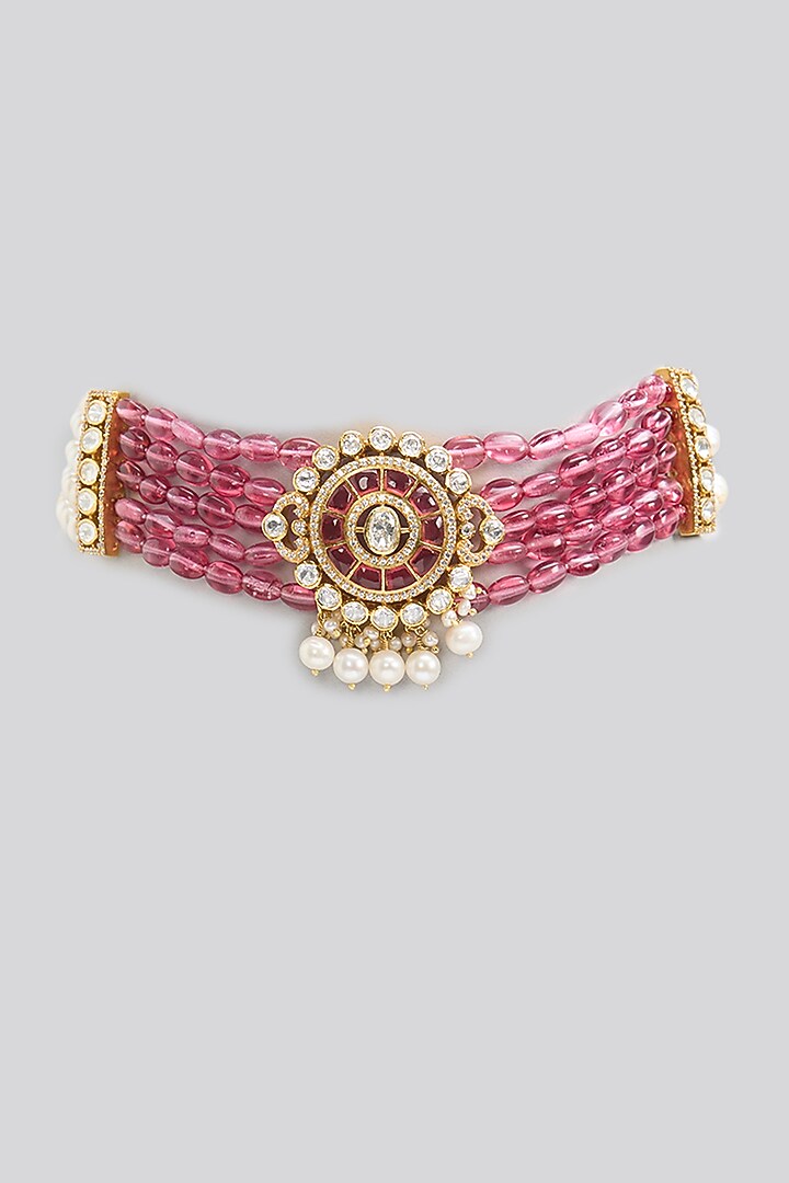 Gold Finish Kundan Polki & Ruby Stone Necklace In Sterling Silver by Apoorvajewels at Pernia's Pop Up Shop