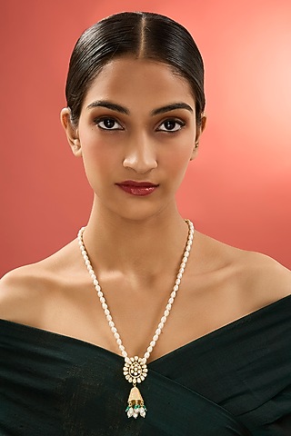 Gold Finish Kundan Polki Long Necklace In Sterling Silver by Apoorvajewels
