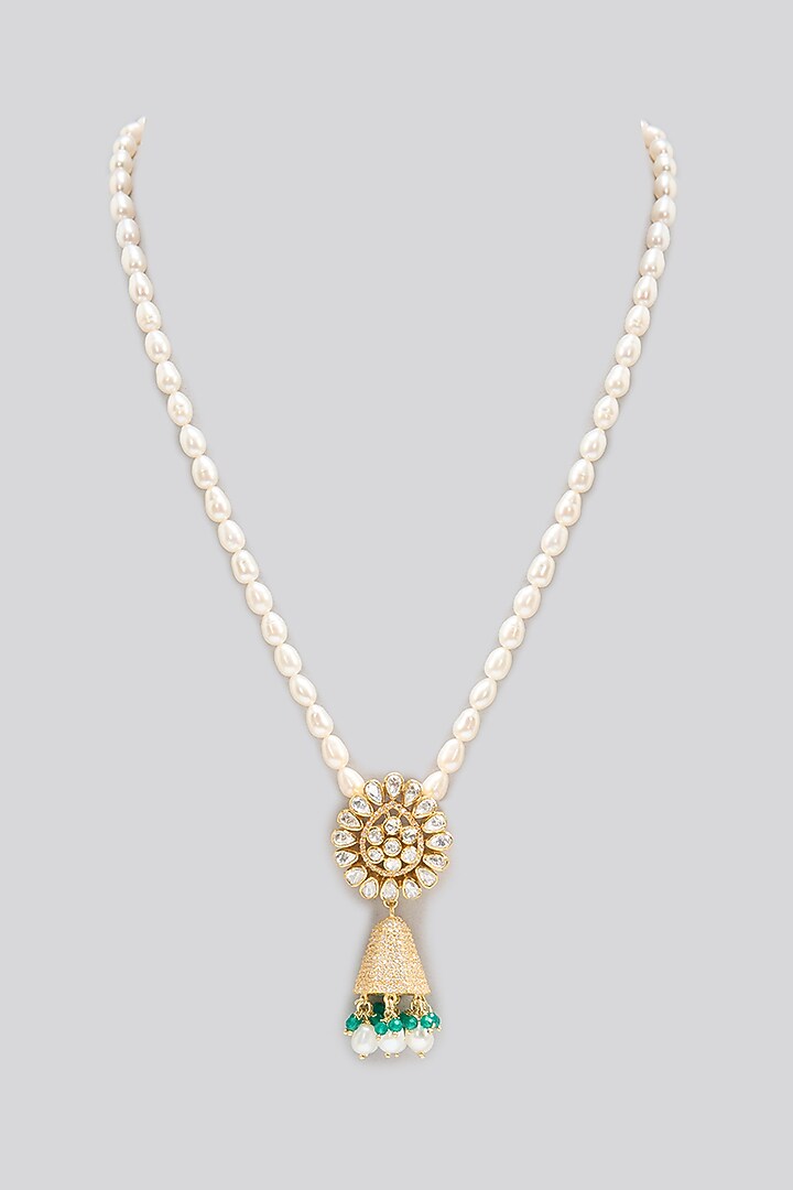 Gold Finish Kundan Polki Long Necklace In Sterling Silver by Apoorvajewels at Pernia's Pop Up Shop