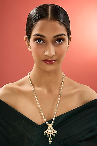 Gold Finish Kundan Polki & Emerald Stone Long Necklace In Sterling Silver by Apoorvajewels