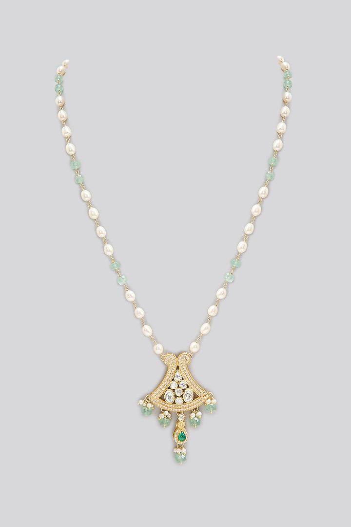 Gold Finish Kundan Polki & Emerald Stone Long Necklace In Sterling Silver by Apoorvajewels at Pernia's Pop Up Shop