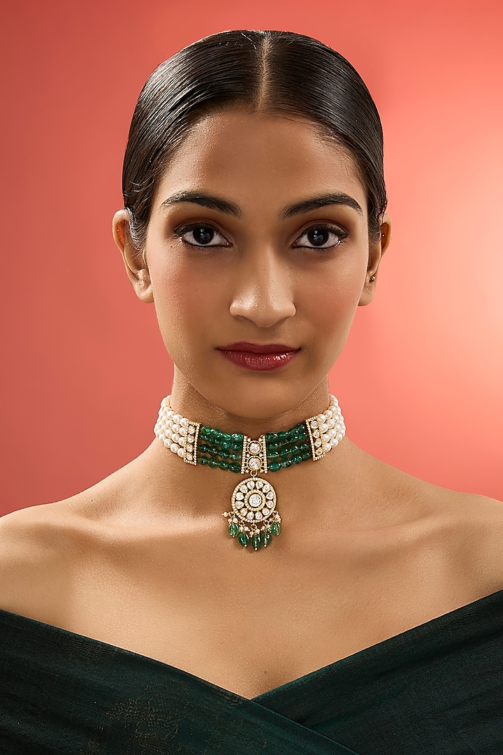 Gold Finish Kundan Polki & Emerald Stone Choker Necklace In Sterling Silver by Apoorvajewels at Pernia's Pop Up Shop