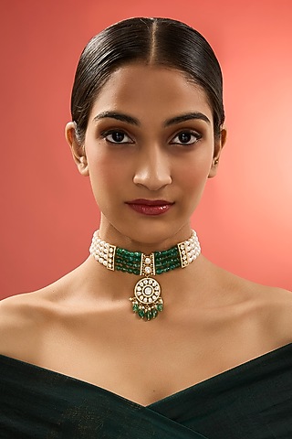 Gold Finish Kundan Polki & Emerald Stone Choker Necklace In Sterling Silver by Apoorvajewels