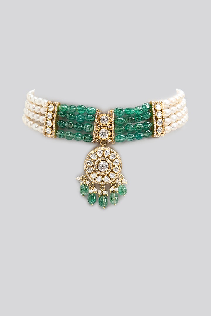 Gold Finish Kundan Polki & Emerald Stone Choker Necklace In Sterling Silver by Apoorvajewels at Pernia's Pop Up Shop