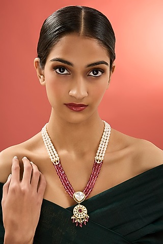 Gold Finish Pearl & Ruby Stone Long Necklace In Sterling Silver by Apoorvajewels