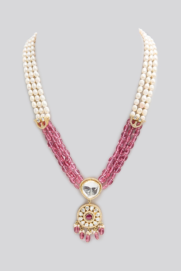 Gold Finish Pearl & Ruby Stone Long Necklace In Sterling Silver by Apoorvajewels at Pernia's Pop Up Shop