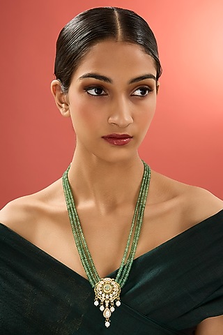 Gold Finish Kundan Polki & Emerald Stone Long Necklace In Sterling Silver by Apoorvajewels
