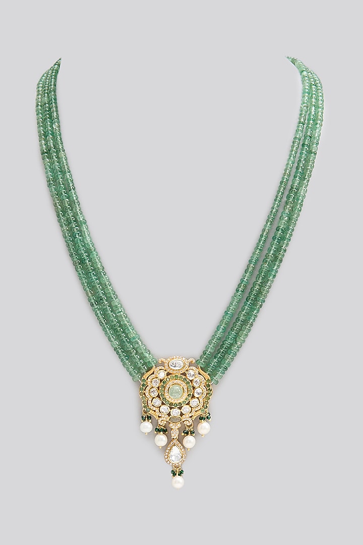 Gold Finish Kundan Polki & Emerald Stone Long Necklace In Sterling Silver by Apoorvajewels at Pernia's Pop Up Shop