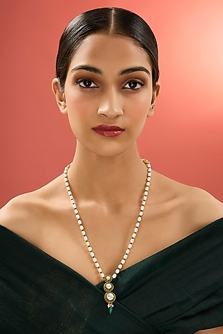 Gold Finish Kundan Polki & Emerald Stone Long Necklace In Sterling Silver by Apoorvajewels