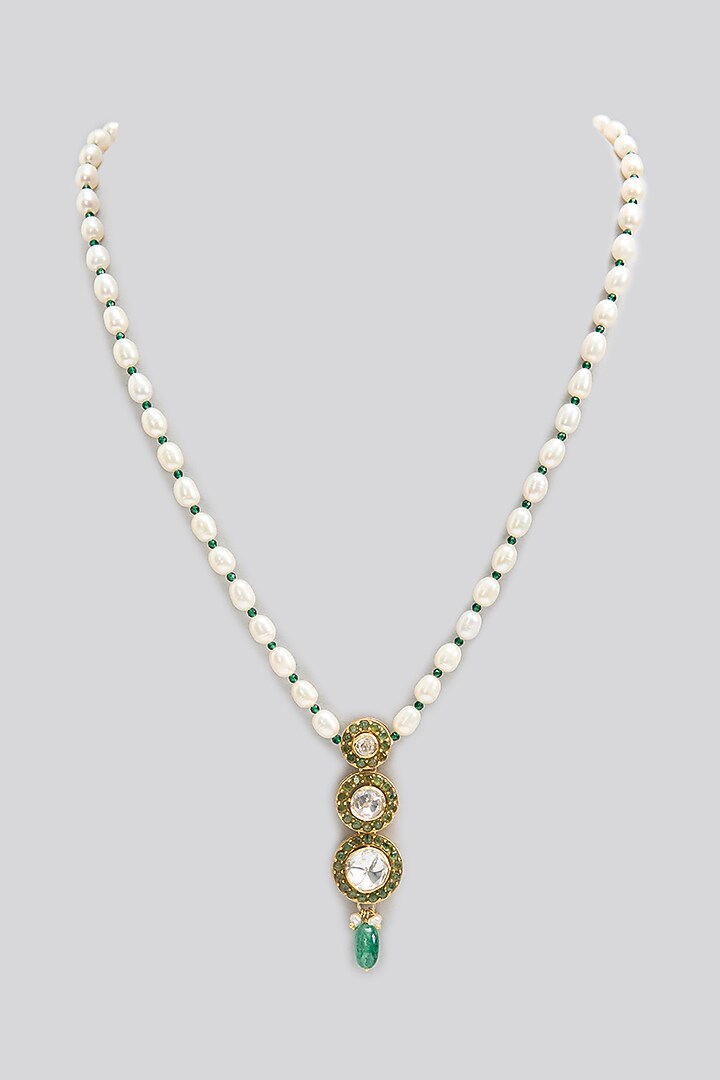 Gold Finish Kundan Polki & Emerald Stone Long Necklace In Sterling Silver by Apoorvajewels at Pernia's Pop Up Shop