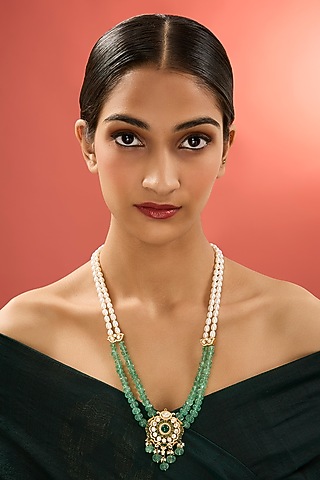 Gold Finish Kundan Polki & Emerald Stone Long Necklace In Sterling Silver by Apoorvajewels