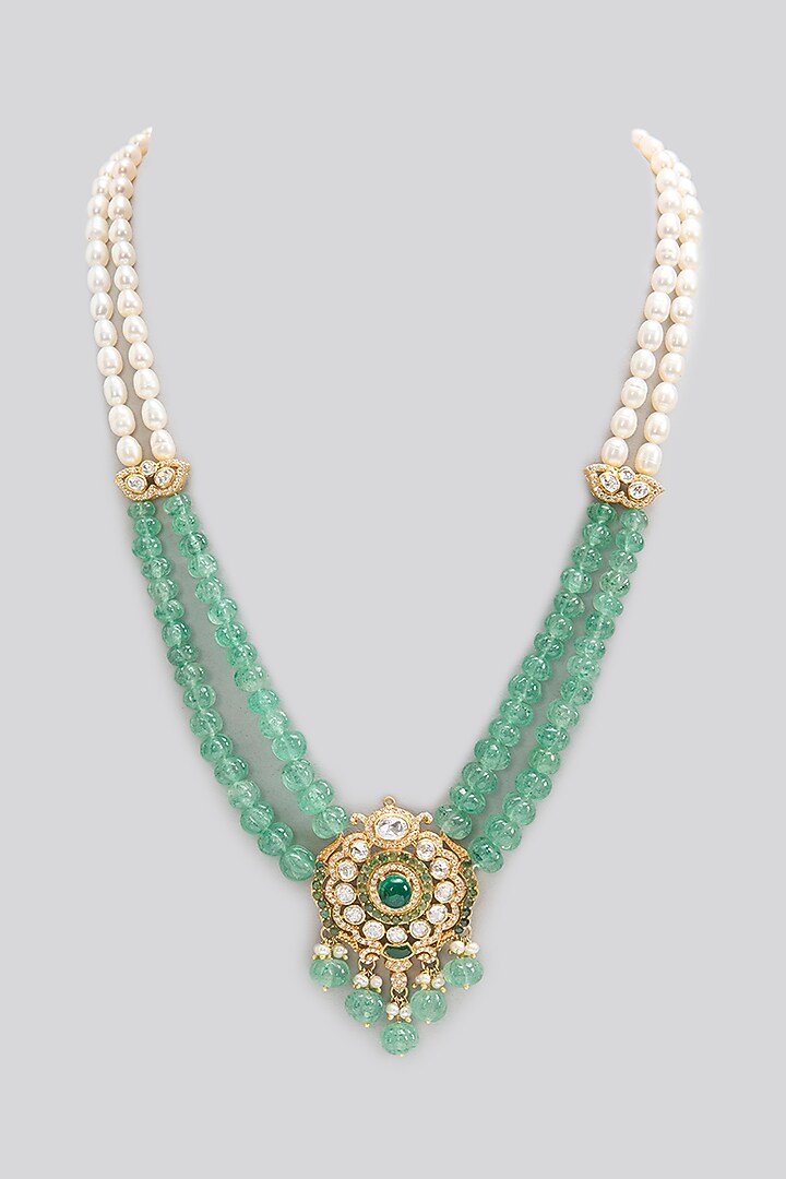 Gold Finish Kundan Polki & Emerald Stone Long Necklace In Sterling Silver by Apoorvajewels at Pernia's Pop Up Shop