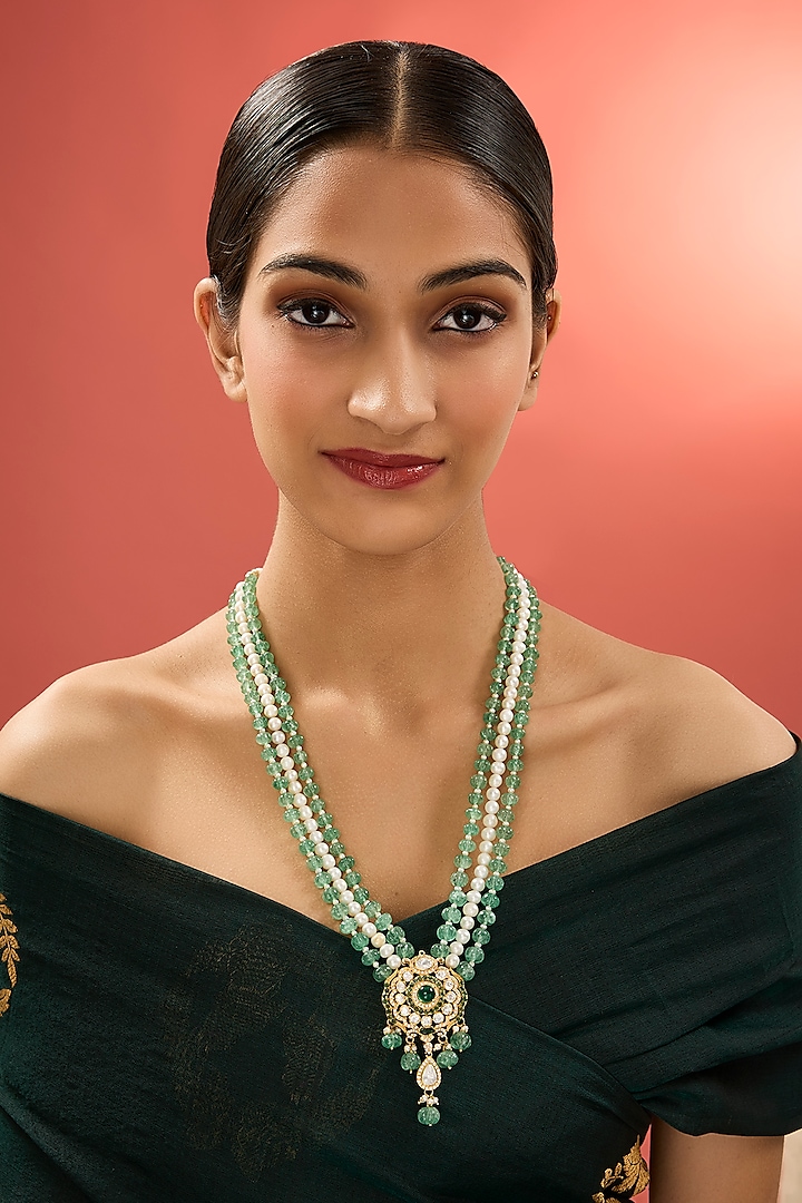 Gold Finish Kundan Polki & Emerald Stone Long Necklace In Sterling Silver by Apoorvajewels at Pernia's Pop Up Shop