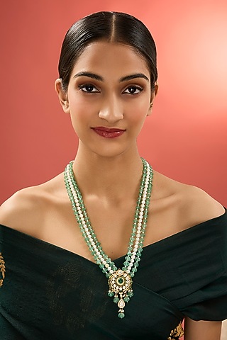 Gold Finish Kundan Polki & Emerald Stone Long Necklace In Sterling Silver by Apoorvajewels