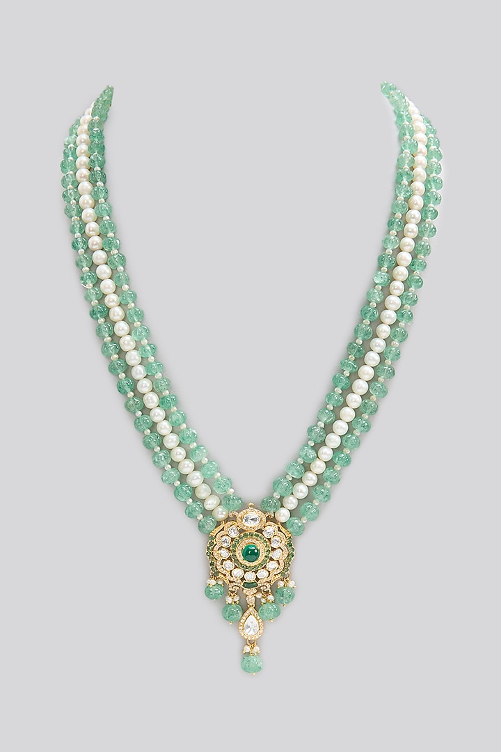 Gold Finish Kundan Polki & Emerald Stone Long Necklace In Sterling Silver by Apoorvajewels at Pernia's Pop Up Shop