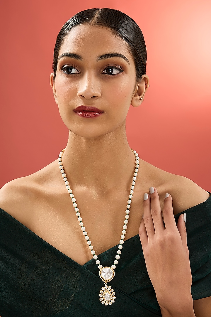 Gold Finish Kundan Polki & Pearl Long Necklace In Sterling Silver by Apoorvajewels at Pernia's Pop Up Shop