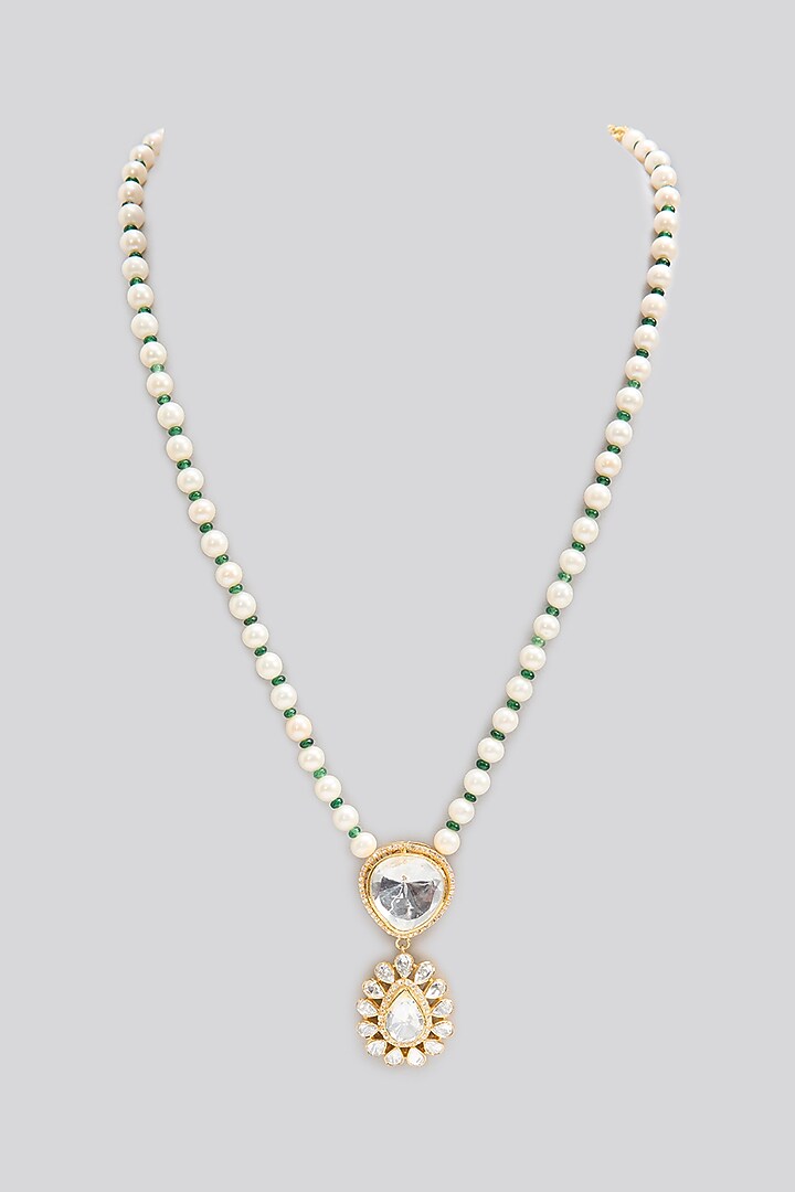 Gold Finish Kundan Polki & Pearl Long Necklace In Sterling Silver by Apoorvajewels at Pernia's Pop Up Shop