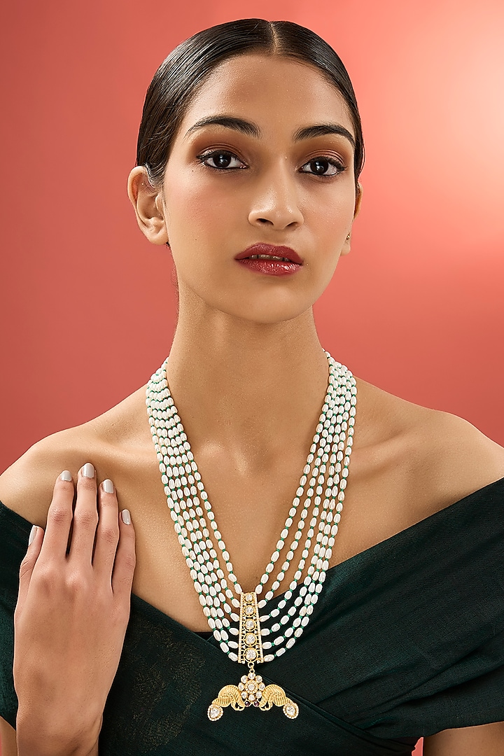 Gold Finish Kundan Polki & Pearl Long Necklace In Sterling Silver by Apoorvajewels at Pernia's Pop Up Shop