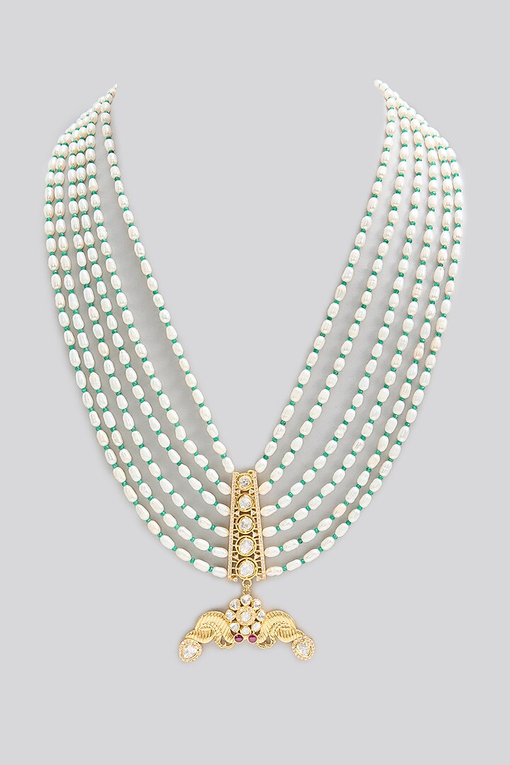 Gold Finish Kundan Polki & Pearl Long Necklace In Sterling Silver by Apoorvajewels at Pernia's Pop Up Shop