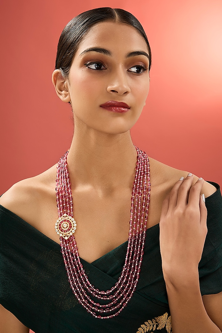 Gold Finish Kundan Polki & Ruby Stone Long Necklace In Sterling Silver by Apoorvajewels at Pernia's Pop Up Shop