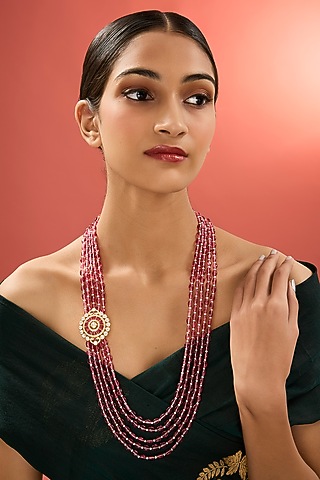 Gold Finish Kundan Polki & Ruby Stone Long Necklace In Sterling Silver by Apoorvajewels
