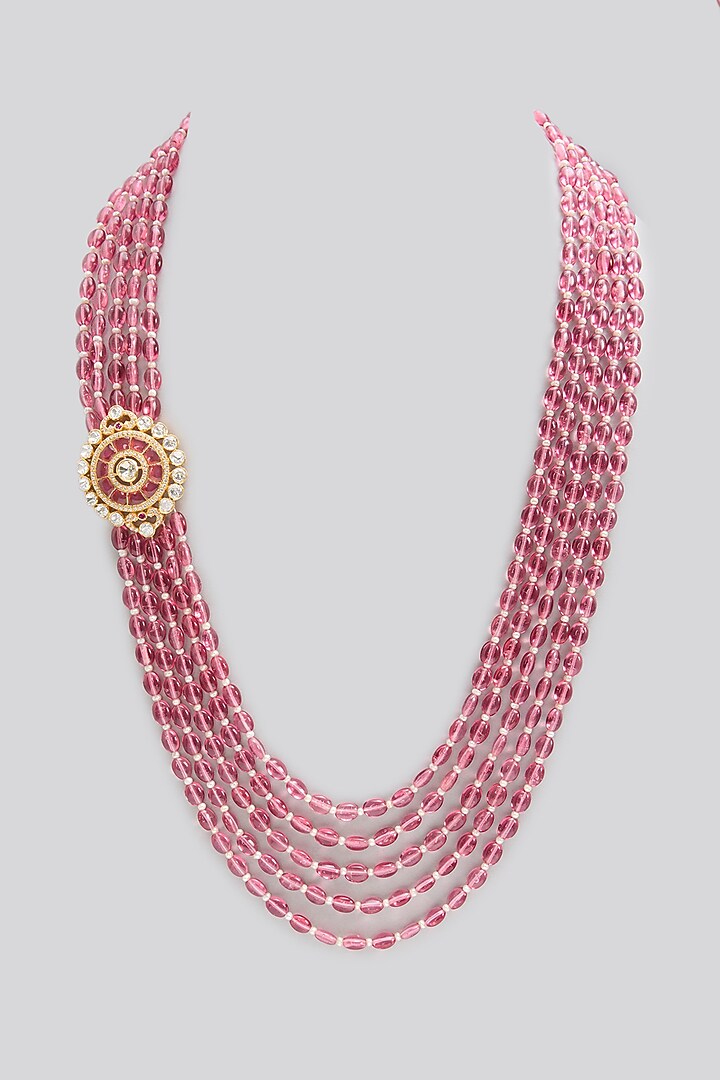 Gold Finish Kundan Polki & Ruby Stone Long Necklace In Sterling Silver by Apoorvajewels at Pernia's Pop Up Shop