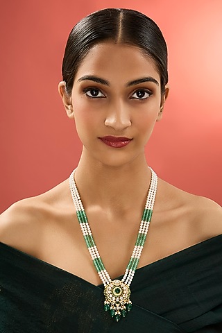 Gold Finish Pearl & Emerald Stone Long Necklace In Sterling Silver by Apoorvajewels