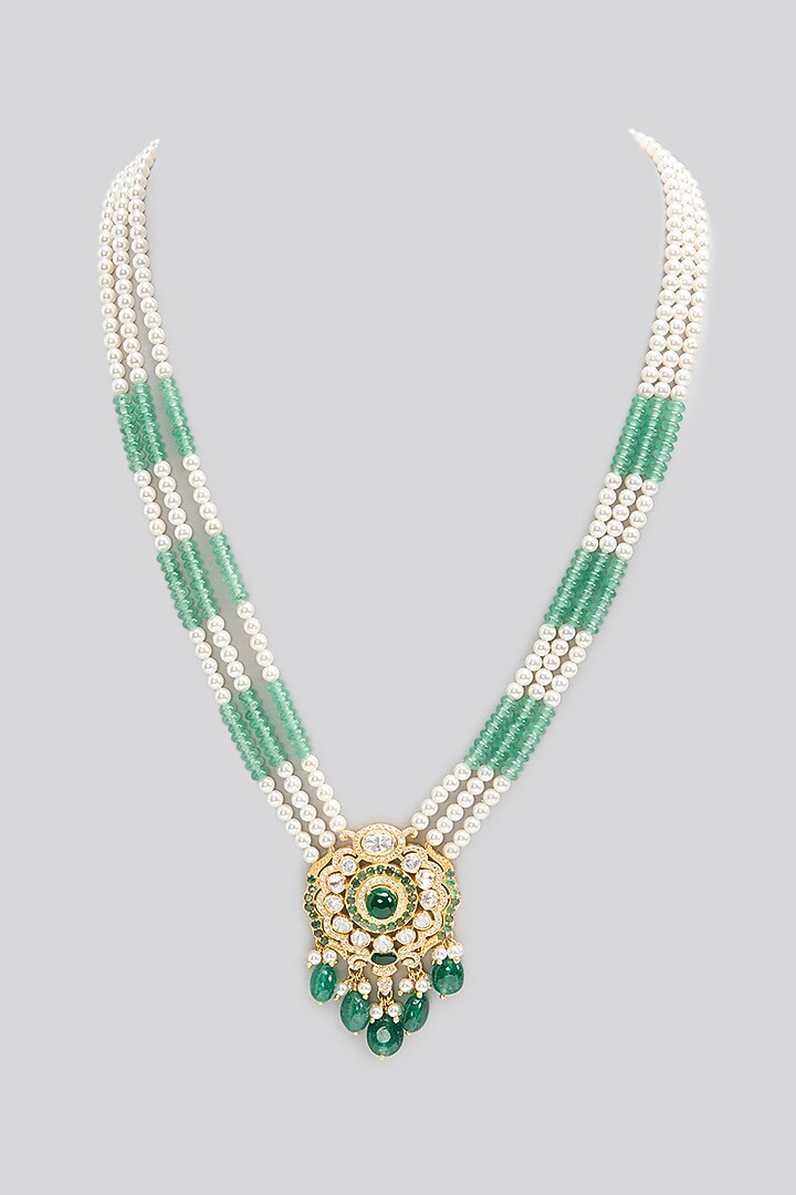 Gold Finish Pearl & Emerald Stone Long Necklace In Sterling Silver by Apoorvajewels at Pernia's Pop Up Shop