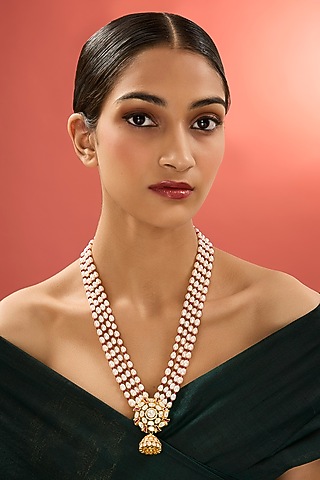 Gold Finish Kundan Polki & Pearl Long Necklace In Sterling Silver by Apoorvajewels