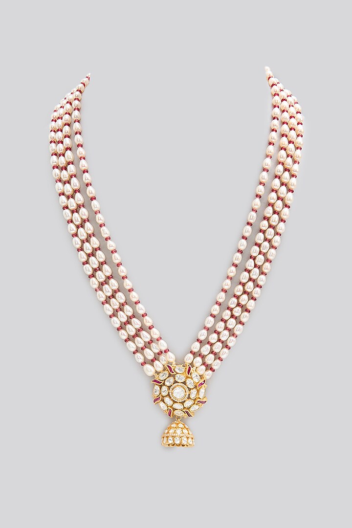Gold Finish Kundan Polki & Pearl Long Necklace In Sterling Silver by Apoorvajewels at Pernia's Pop Up Shop