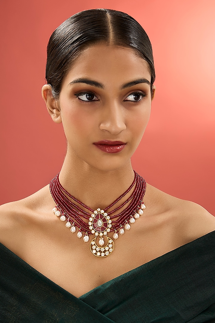 Gold Finish Kundan Polki & Ruby Stone Necklace In Sterling Silver by Apoorvajewels at Pernia's Pop Up Shop