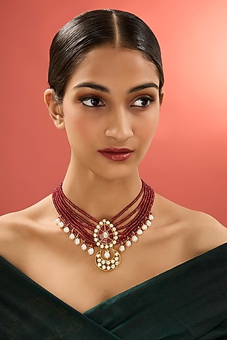 Gold Finish Kundan Polki & Ruby Stone Necklace In Sterling Silver by Apoorvajewels