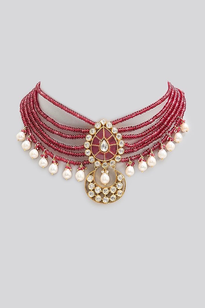 Gold Finish Kundan Polki & Ruby Stone Necklace In Sterling Silver by Apoorvajewels at Pernia's Pop Up Shop