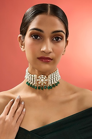 Gold Finish Kundan Polki & Emerald Stone Choker Necklace In Sterling Silver by Apoorvajewels