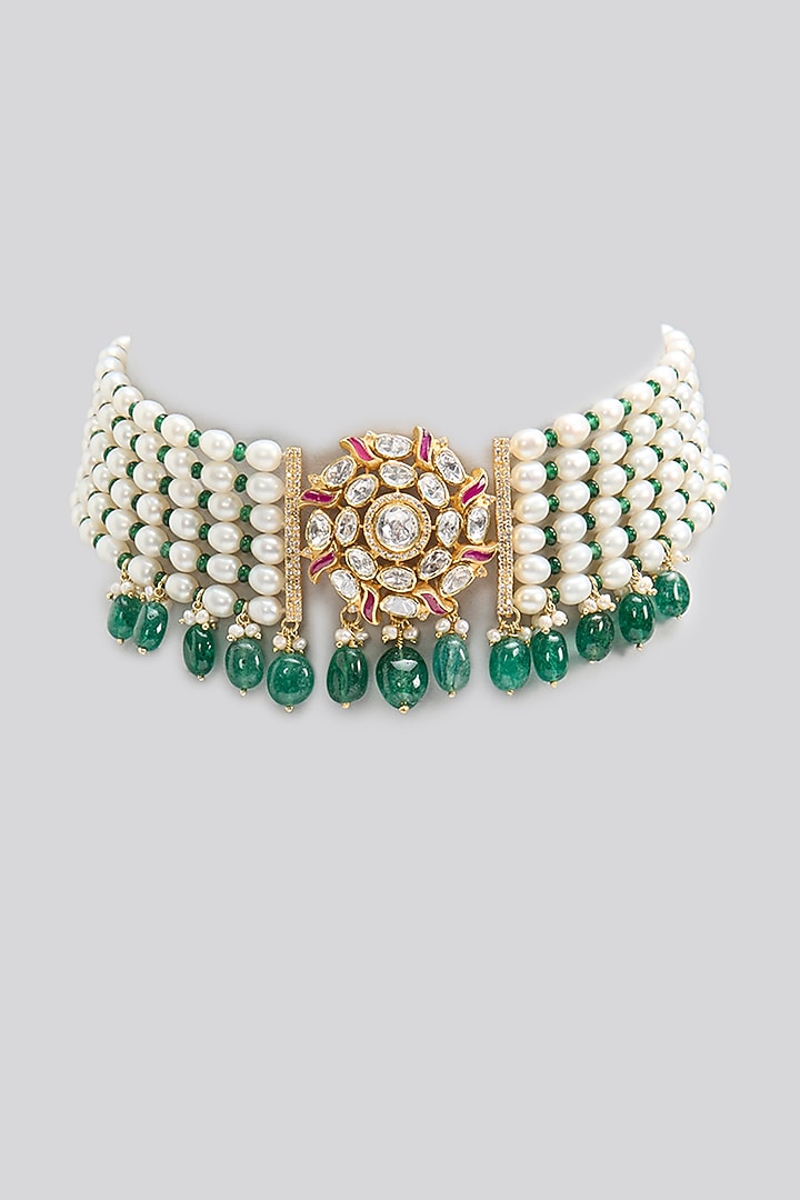 Gold Finish Kundan Polki & Emerald Stone Choker Necklace In Sterling Silver by Apoorvajewels at Pernia's Pop Up Shop