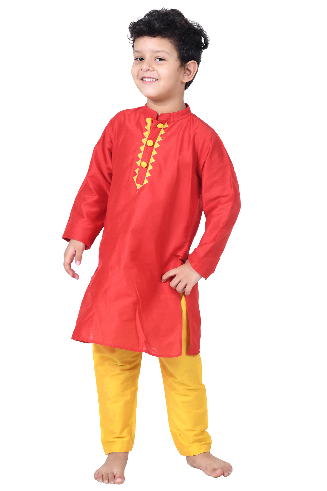Cadmium Red Patchwork Kurta Set For Boys by Apricot Kids at Pernia's Pop Up Shop