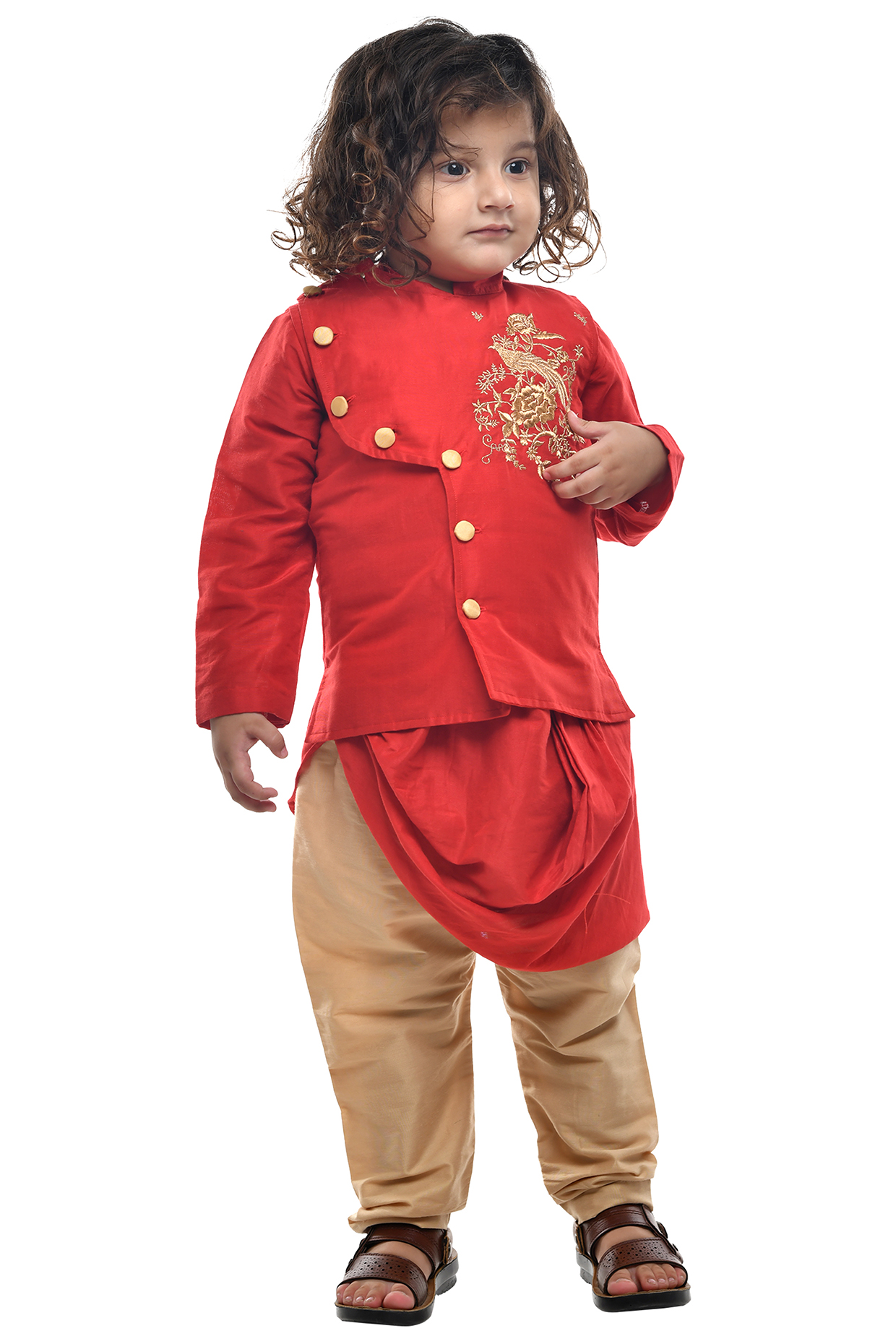 Red Embroidered Jacket With Kurta Set For Boys by Apricot Kids at Pernia's Pop Up Shop