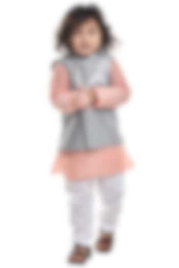 Grey Embroidered Bundi Jacket With Kurta Set For Boys by Apricot Kids