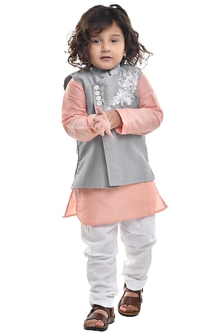Grey Embroidered Bundi Jacket With Kurta Set For Boys by Apricot Kids