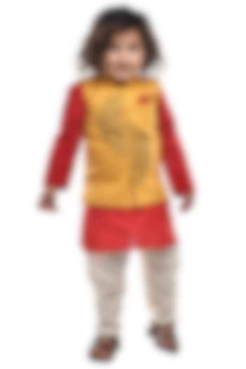 Yellow Embroidered Bundi Jacket With Kurta Set For Boys by Apricot Kids