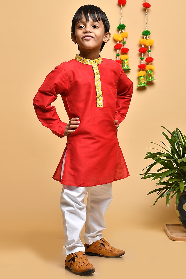 Red Cotton Silk Kurta Set For Boys by Apricot Kids